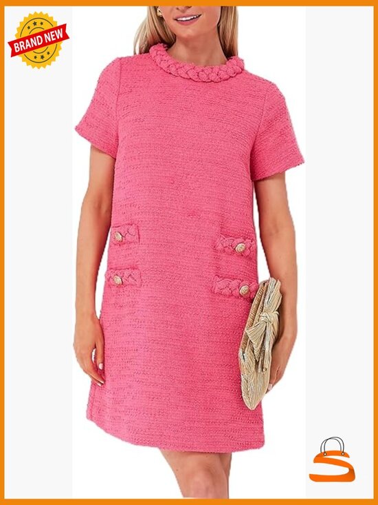 Dresses & Skirts - Tweed Jackie Dress - Short Sleeve, Crew Neck, Button Detail Bodycon Mini
